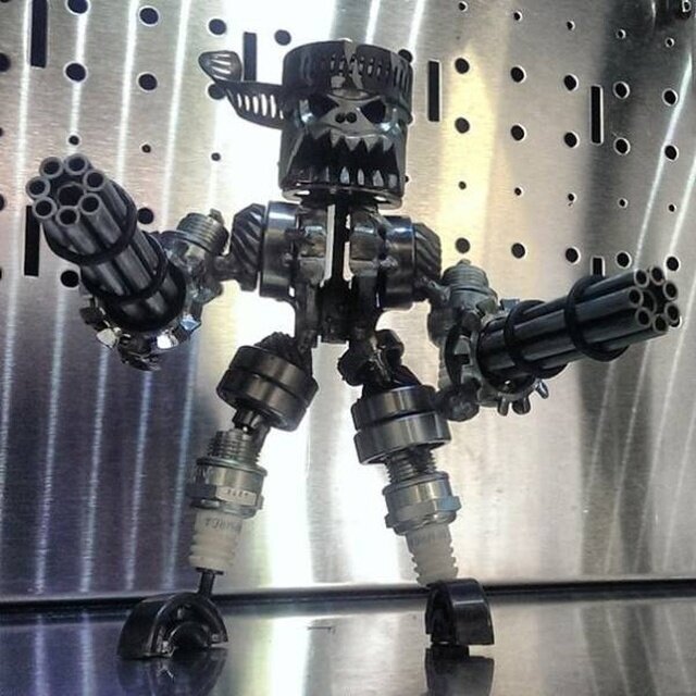 Ecycling Scrap Metal Standing Warrior Sculpture Handmade Piston Man