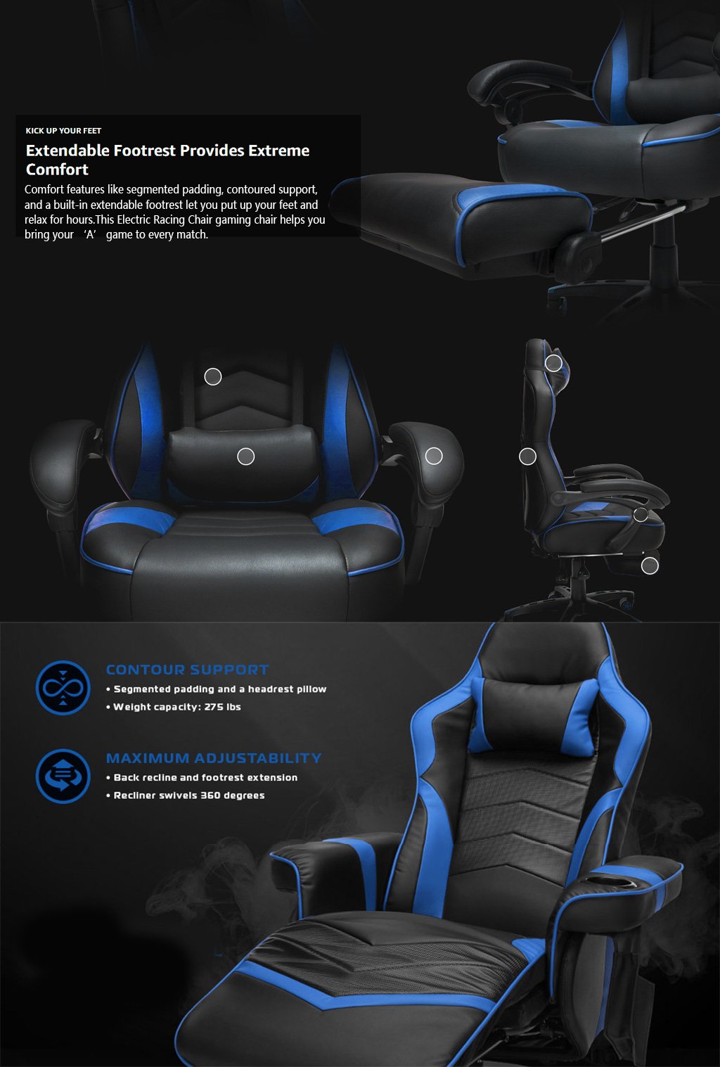 Respawn Rsp 110 Racing Style Gaming Reclining Chair With Footrest Blue