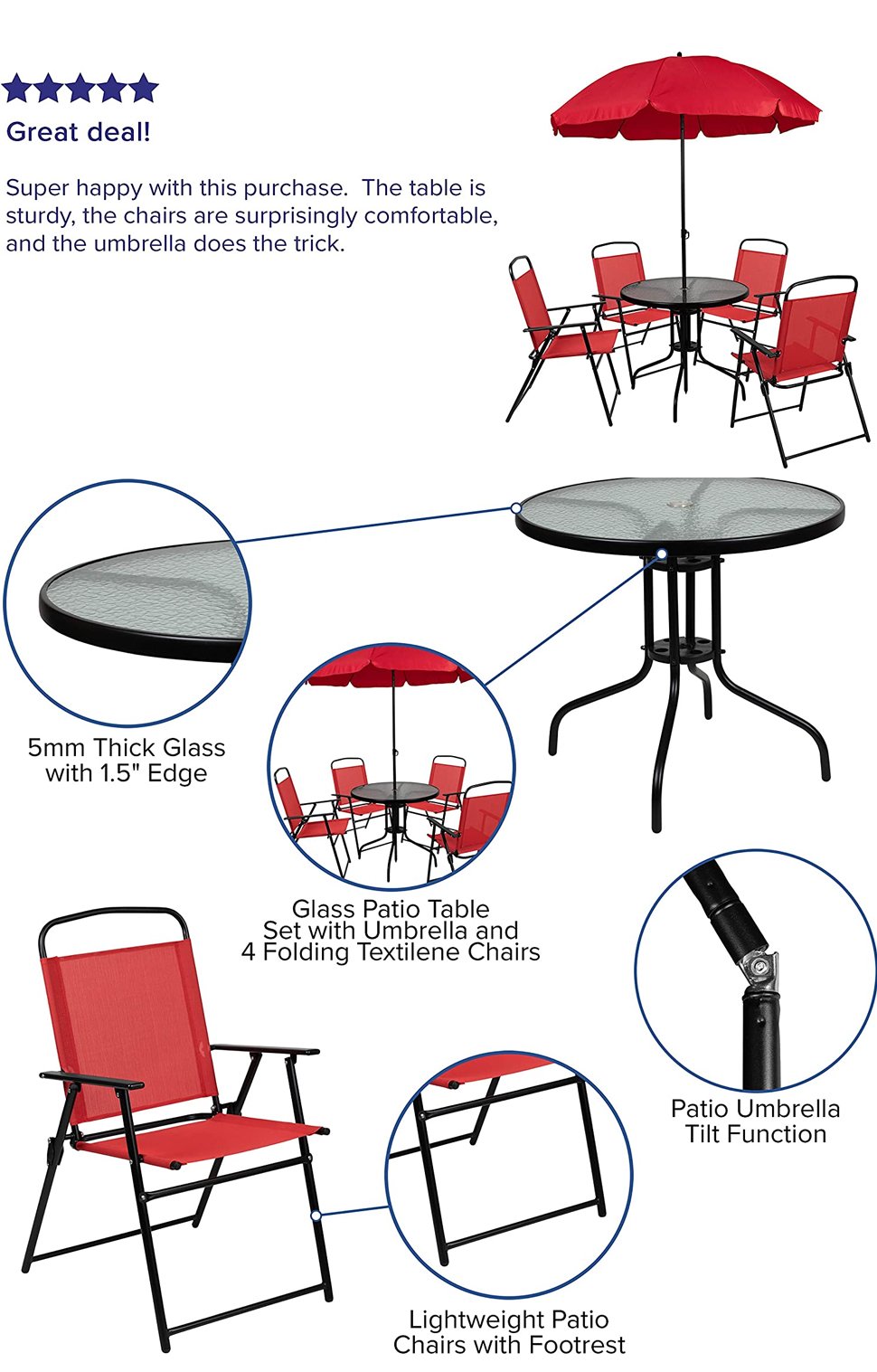 6 Piece Patio Garden Set With Umbrella Table And Set Of 4 Folding Chairs