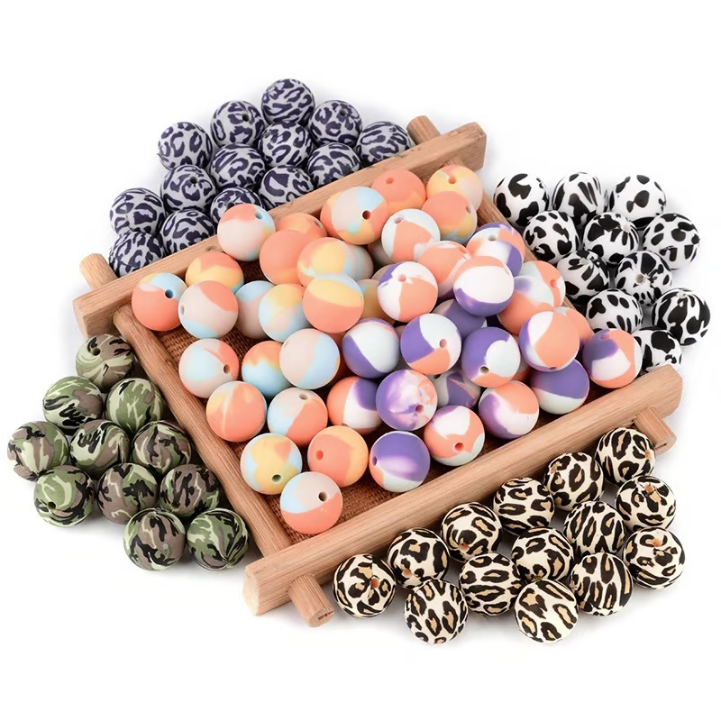 Food Grade BPA Free Baby Teething Round Silicone Beads Silicone Printed Loose For Wholesale