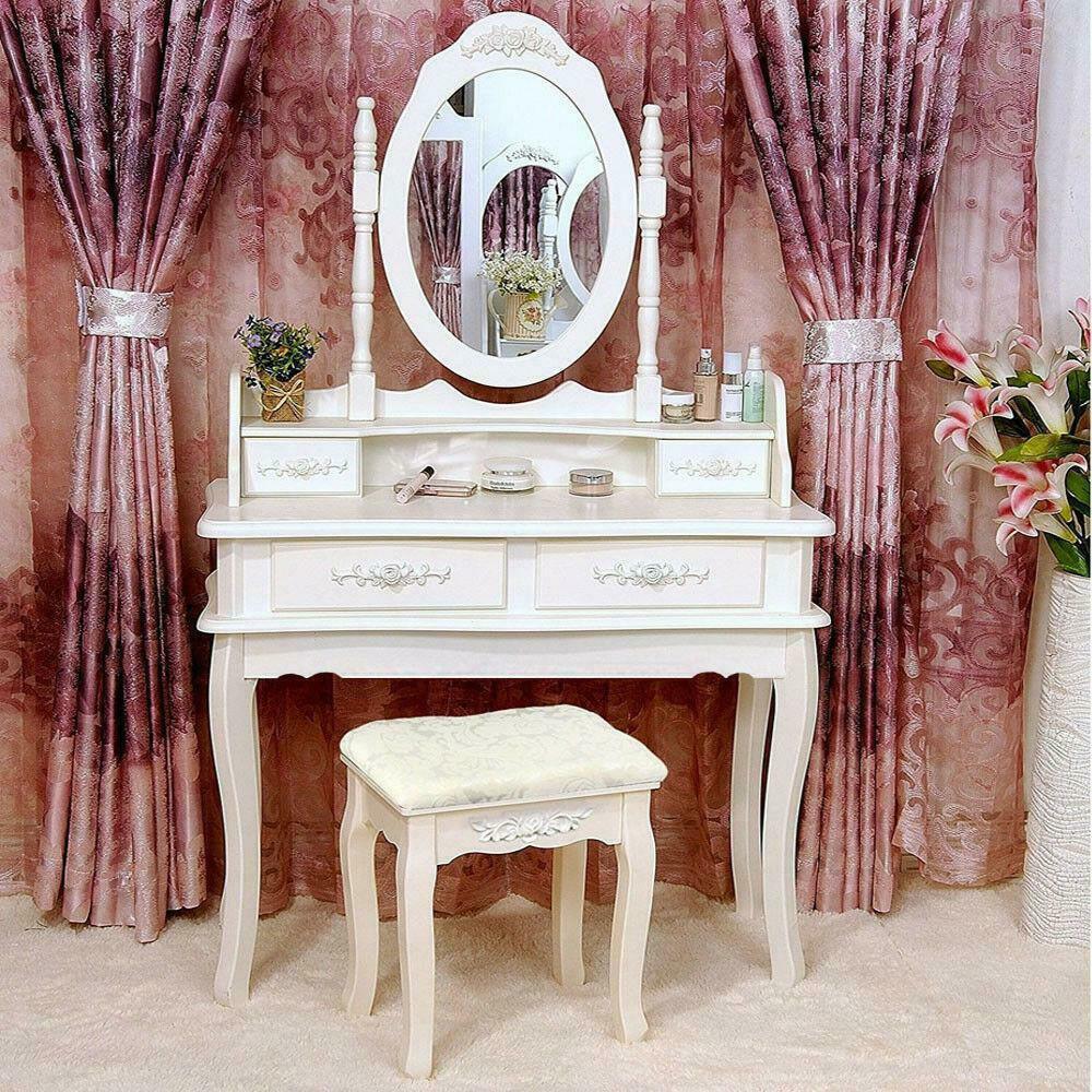 Image 1 - White Vanity Makeup Dressing Table Set w/Stool 4 Drawer&amp;Mirror Jewelry Wood Desk