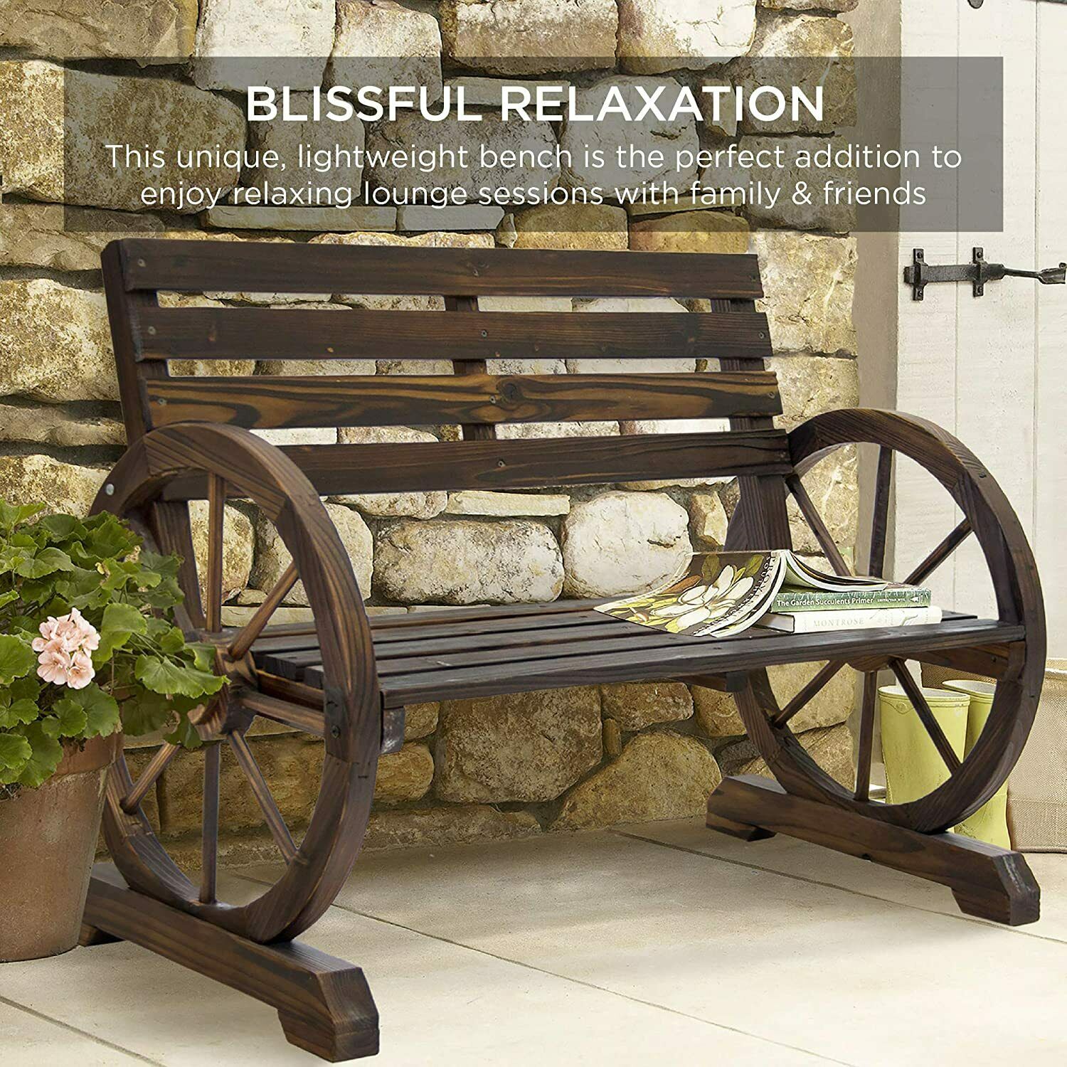 Image 21 - 2 Person Rustic Wagon Wheel Bench Garden Loveseat Porch Patio Outdoor Seat Wood