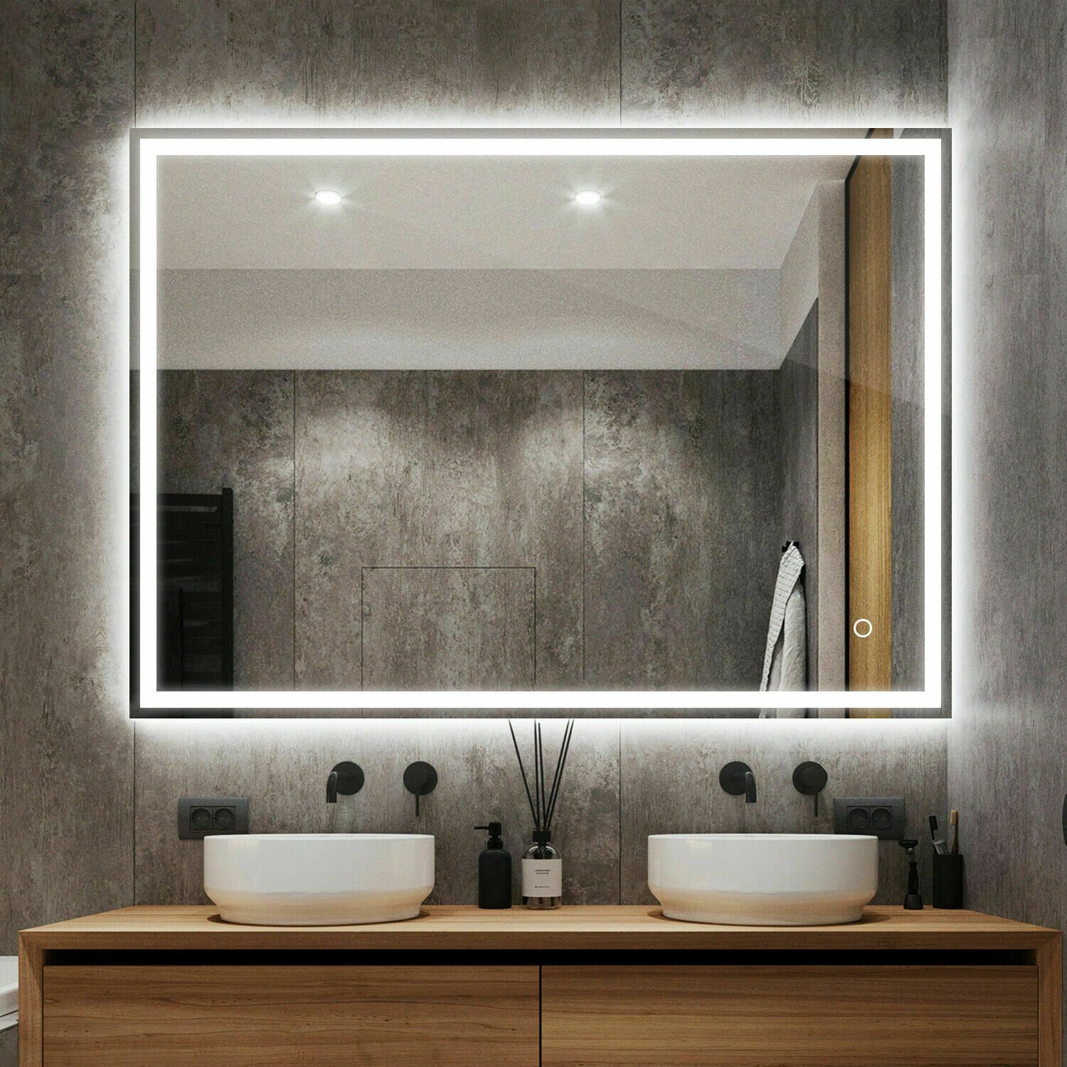 Image 1 - Bathroom LED Lighted Mirror Anti-fog Touch Button Wall Mounted Illuminated IP44