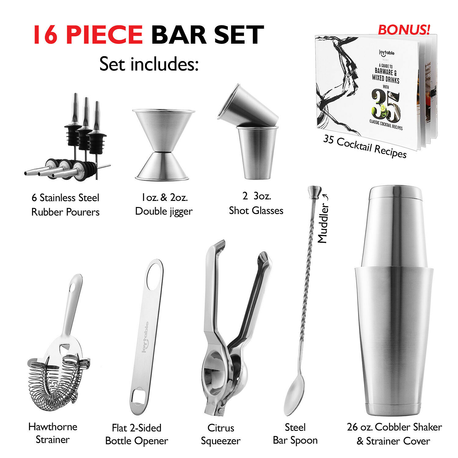 Image 21 - 16 PC Bartender Kit Complete Cocktail Shaker Bar Tools Set with Lemon Squeezer