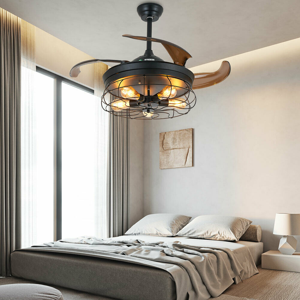Image 3 - Ceiling Fan with Light Industrial Retractable Blades Vintage Cage Chandelier +RC
