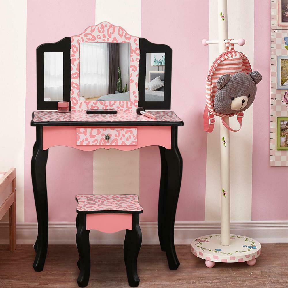 Image 1 - Kids Girls Vanity Table Makeup Set for W/ Drawers Dressing Desk w/ Mirror Stool