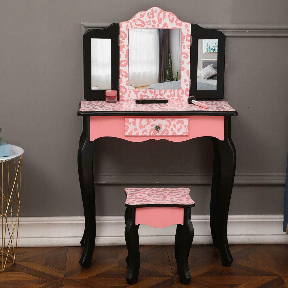Image 5 - Kids Girls Vanity Table Makeup Set for W/ Drawers Dressing Desk w/ Mirror Stool