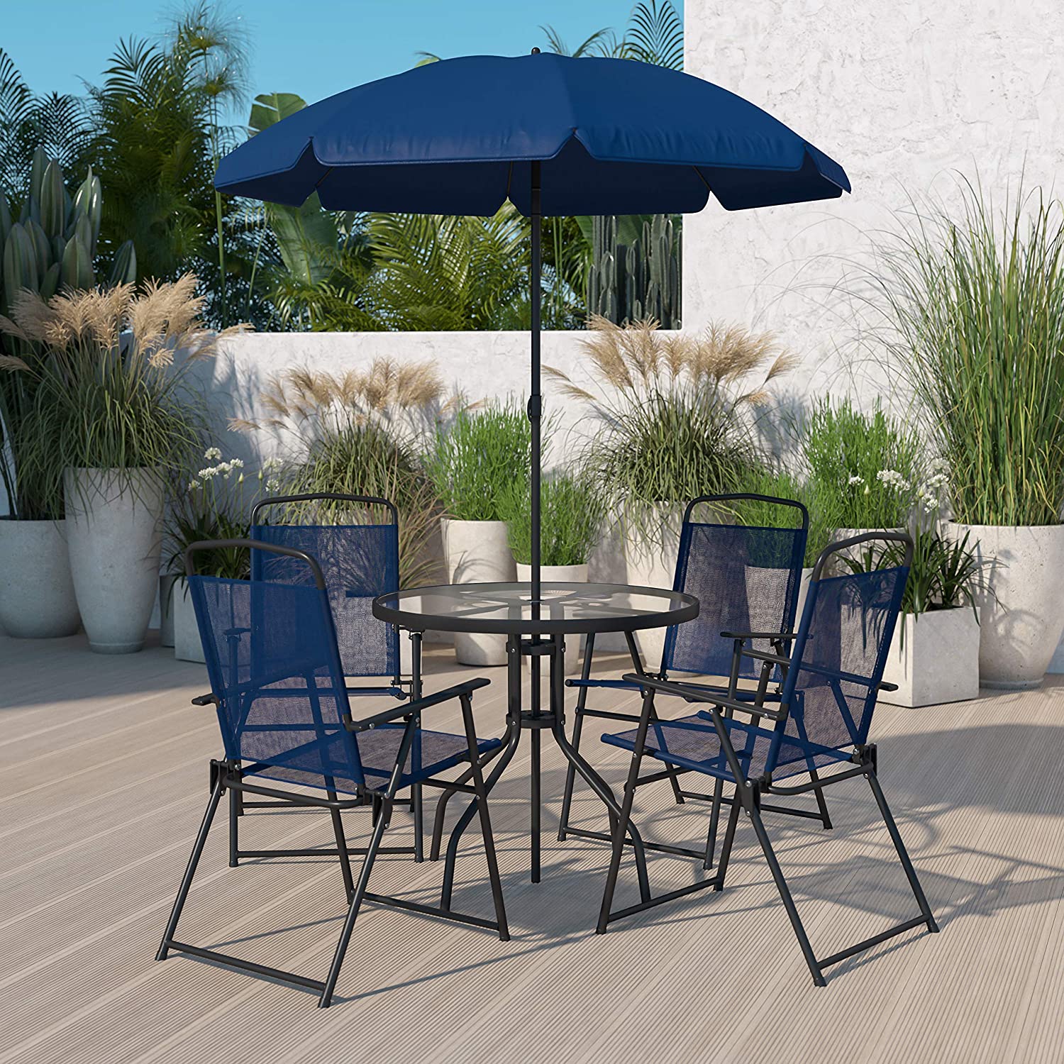 6 Piece Patio Garden Set With Umbrella Table And Set Of 4 Folding Chairs