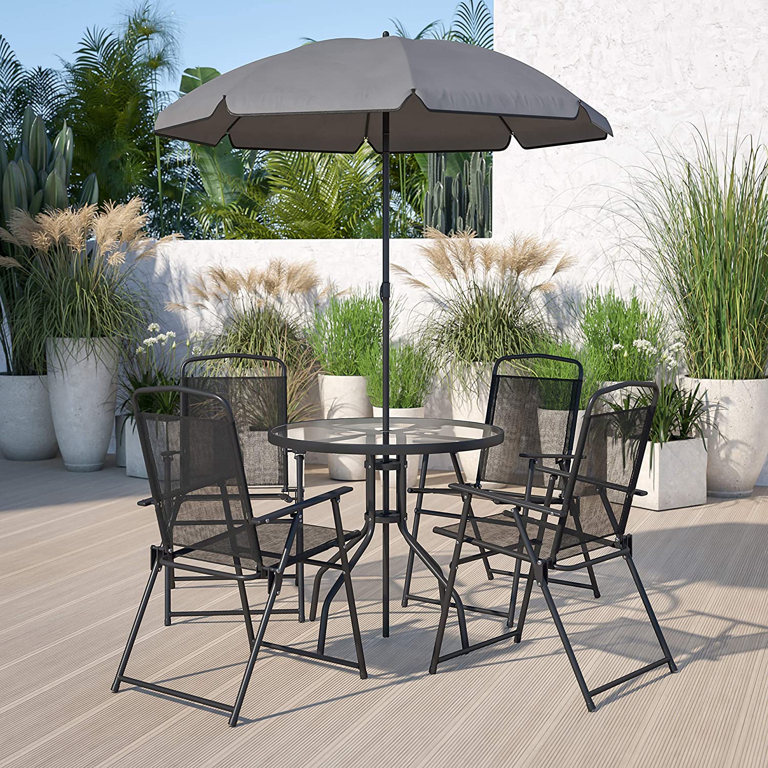 6 Piece Patio Garden Set With Umbrella Table And Set Of 4 Folding Chairs