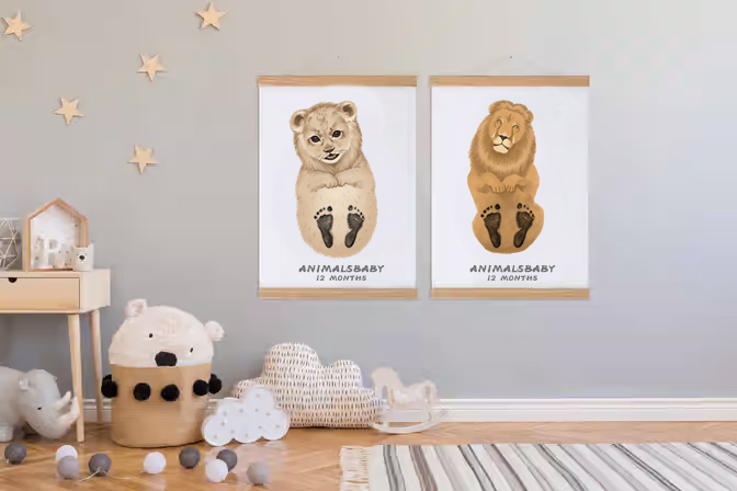 Baby Gift Personalized, Footprint Set, Mural Baby & Children's Room Animals, Old Lion 👣