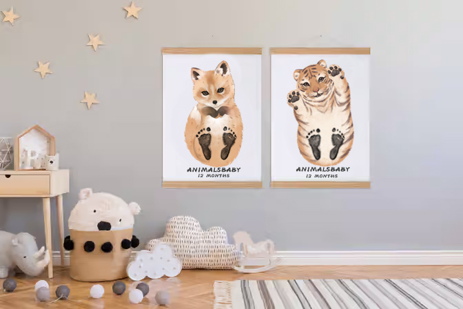 Baby Gift Personalized, Footprint Set, Mural Baby & Children's Room Animals, Old Lion 👣