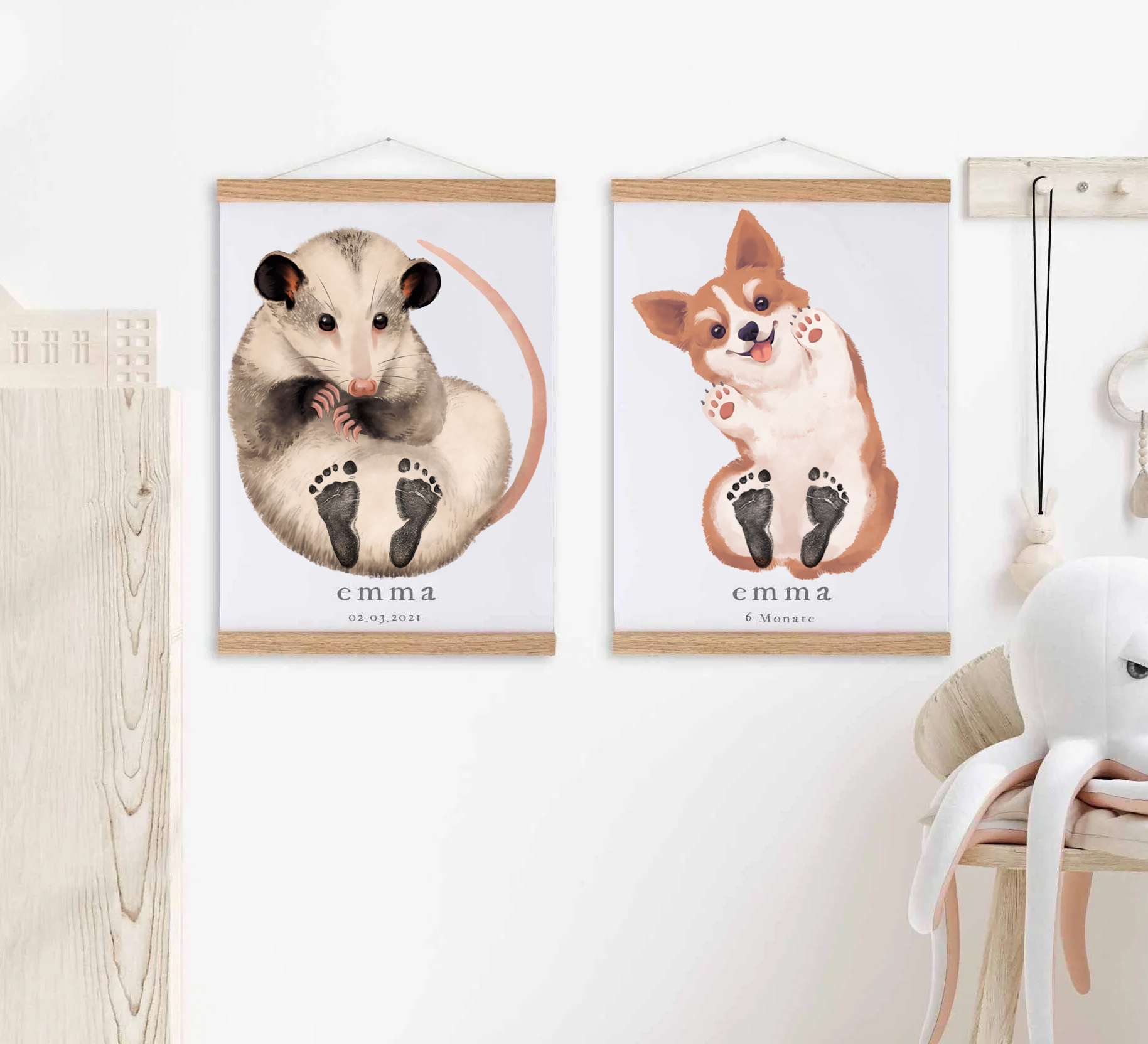 Baby Gift Personalized, Footprint Set, Mural Baby & Children's Room Animals, Opossum Baby Gift🐭