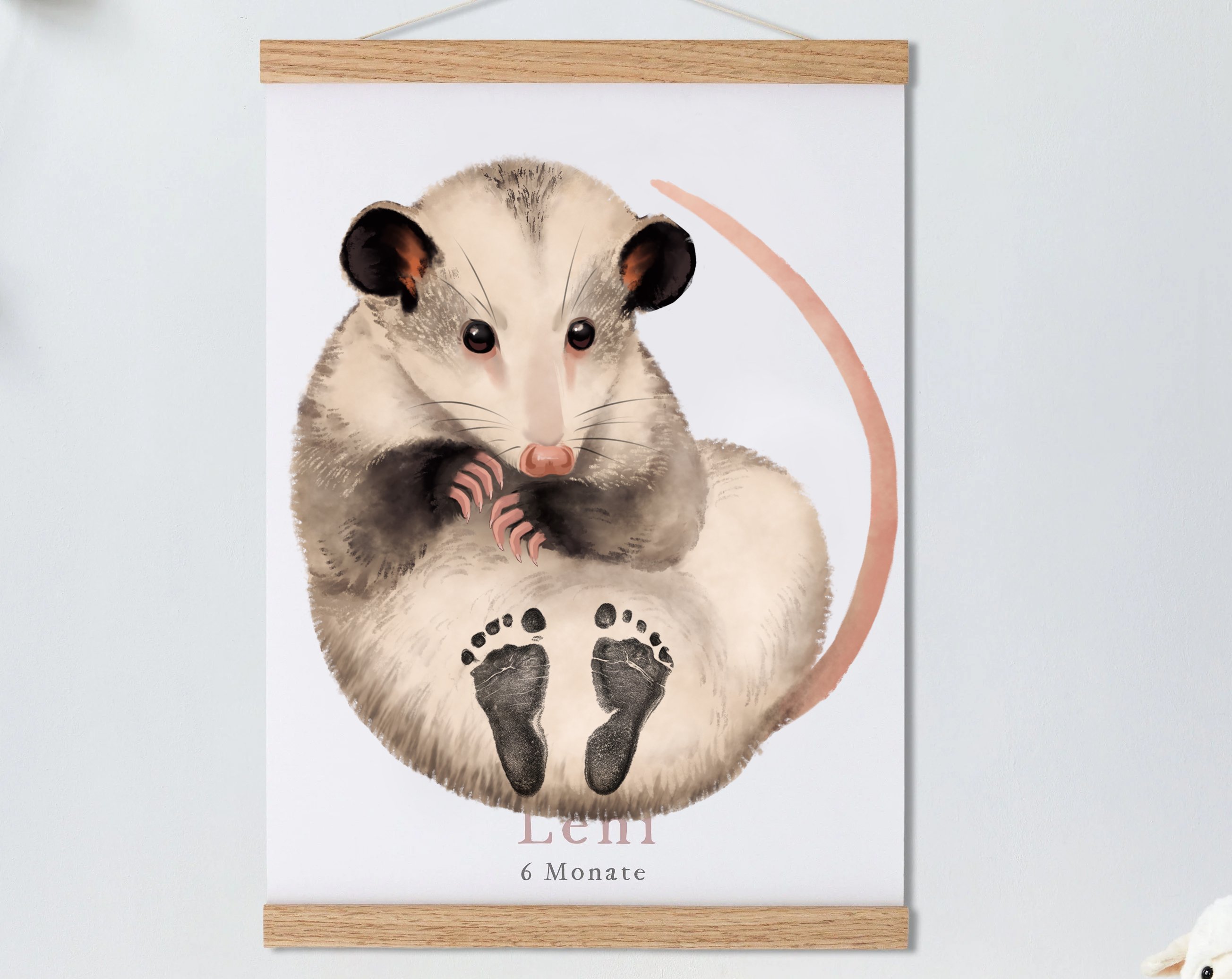 Baby Gift Personalized, Footprint Set, Mural Baby & Children's Room Animals, Opossum Baby Gift🐭