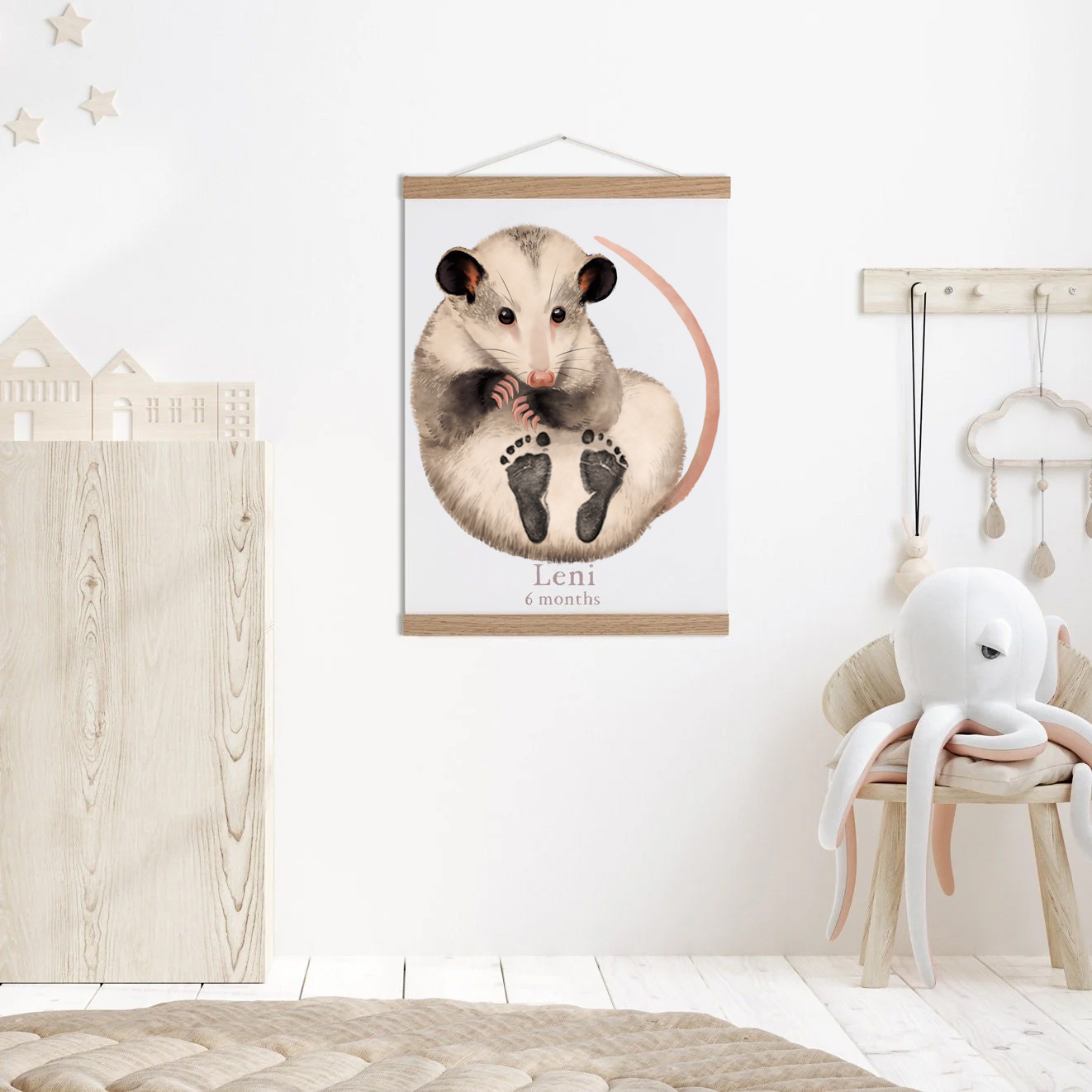 Baby Gift Personalized, Footprint Set, Mural Baby & Children's Room Animals, Opossum Baby Gift🐭
