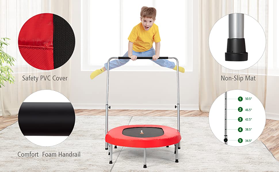 Foldable Double Mini Kids Fitness Rebounder Trampoline with Adjustable Central Handrail