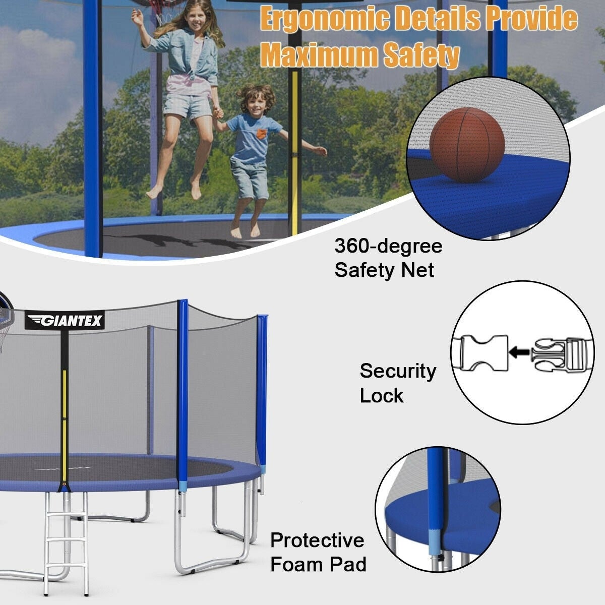 15 ft Round Trampoline with Safety Enclosure Net and Basketball Hoop