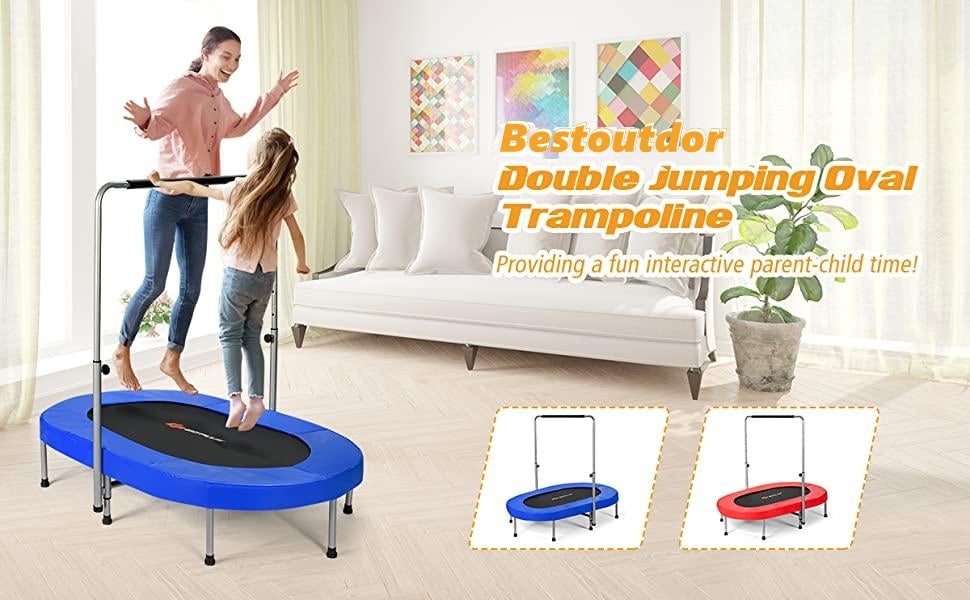 Foldable Double Mini Kids Fitness Trampoline Rebounder with Adjustable Handle
