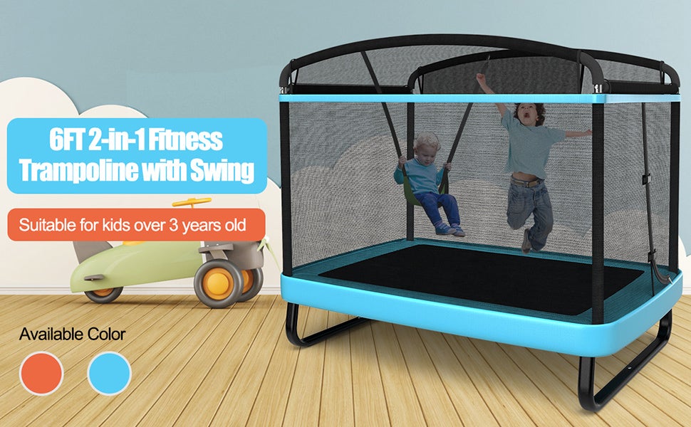 6FT 2-in-1 Kids Fitness Trampoline with Swing and Safety Enclosure Net