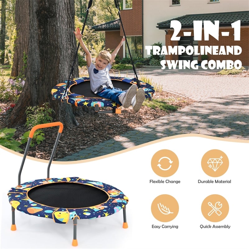 2-In-1 Kids Convertible Saucer Tree Swing and Trampoline Set